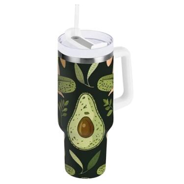 Imagem de ODAWA Copo grande com isolamento de abacate verde para ioga com alça e tampa de palha, copo isolado a vácuo com tampa 2 em 1