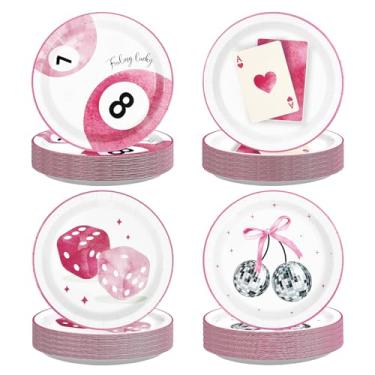 Imagem de Greencian 60 peças de pratos de papel de discoteca com laço rosa de 23 cm resistentes em aquarela com laço e bola de discoteca descartáveis rosa retrô para meninas, aniversário, despedida de solteira