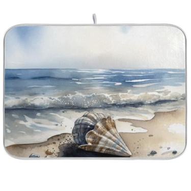Imagem de Tapete de secagem de pratos Beach Shell 45 cm x 61 cm, tapete de escorredor de pratos de secagem rápida, tapete de café para bancada de cozinha