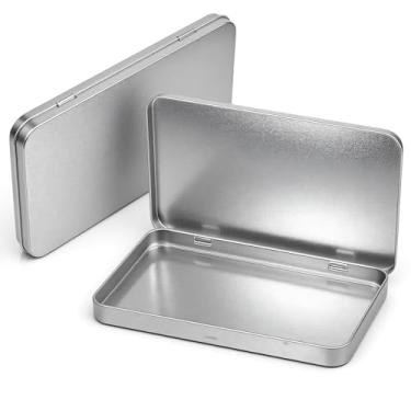 Imagem de FdcZeyxior Pacote com 2 caixas retangulares de metal com tampa articulada, recipiente de armazenamento vazio, prata, mini recipientes de lata para aquarela, joias, caneta, borracha, doces, artesanato