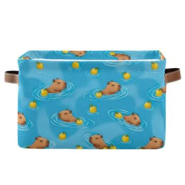 Imagem de Cesta de armazenamento de 36 cm com alças – Caixas de armazenamento decorativas dobráveis dobráveis para escritório em casa, quarto, capivara, azul, 1 pacote