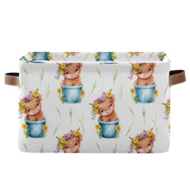 Imagem de Caixa de armazenamento de 36 cm com alças – Cestas de armazenamento decorativas retangulares de tecido para escritório em casa, quarto, vaca montanhosa fofa rústica, 1 pacote