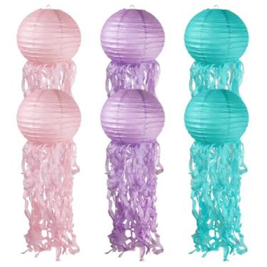 Imagem de Pacote com 6 medusas penduradas, lanternas de papel, azul, roxo, rosa, decorações de água-viva para festa, casa, festival