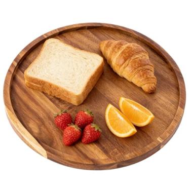 Imagem de Bandeja de servir redonda de madeira, bandeja decorativa de acácia de 29 cm, bandeja de mesa de centro resistente, prato de uma peça com borda elevada, fácil de limpar, ideal para bebidas, pratos e