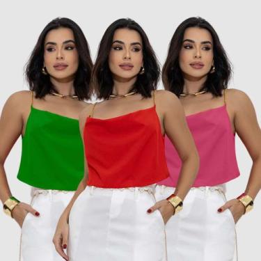 Imagem de Kit 3 Cropped Feminino Soltinho Alça Fina Corrente Elegante - Swiss Bo
