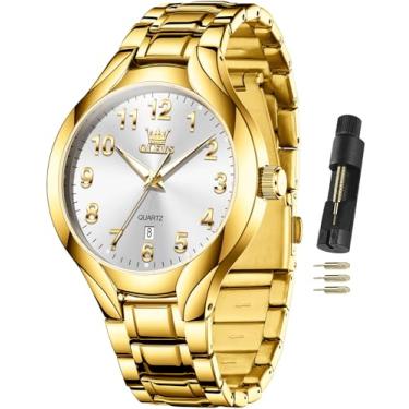 Imagem de OLEVS Relógio masculino de aço inoxidável, mostrador grande, analógico, fácil de ler, relógios masculinos à prova d'água de luxo, relógio masculino branco dourado, gold white men watch, relógio
