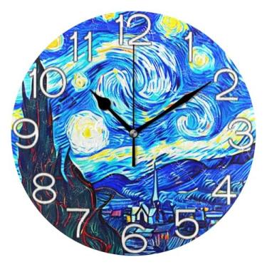 Imagem de Relógio de parede analógico decorativo moderno alimentado por bateria relógio de cozinha de escritório, decoração de parede de sala de estar moderna, noite estrelada azul, 25 cm, ponteiros dourados