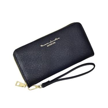 Imagem de Carteira feminina de couro genuíno com dobra dupla/tripla - Suporte minimalista para cartão de crédito com bloqueio de RFID e bolso para moedas, Preto, Casual