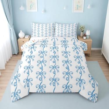 Imagem de Erosebridal Conjunto de edredom Queen com laço azul e branco | Jogo de cama fofo de gravata borboleta para meninas e crianças, conjunto de cama listrado, laço estético, decoração de quarto, 2 fronhas