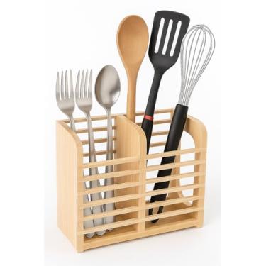 Imagem de Porta Talheres de Madeira com 2 Divisórias Organizador de Utensílios de Cozinha em Bambu Natural