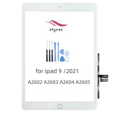 Imagem de STYCES Substituição de digitalizador de tela sensível ao toque para ipad 9/2021 A2602 A2603 A2604 A2605, tela de vidro frontal de 10,2 polegadas com botão Home, ferramentas fita dupla face (preto