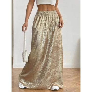 Imagem de Saia longa feminina dourada brilhante - cintura alta cintura elástica saia longa rodada, Voltar, Small