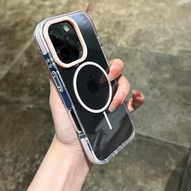 Imagem de Capa magnética transparente com alça de pulso para iPhone 14, 15, 16 Plus, 11, 12, 13, 16 Pro Max, capa protetora transparente à prova de choque e carregamento, rosa, para iPhone 12 Pro