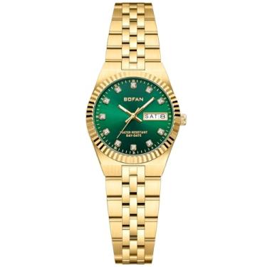 Imagem de BOFAN Relógio feminino vintage dourado com mostrador de diamante de luxo, mostrador de data e semana, pulseira de aço inoxidável, à prova d'água. Ferramenta de ajuste incluída (verde-ouro)
