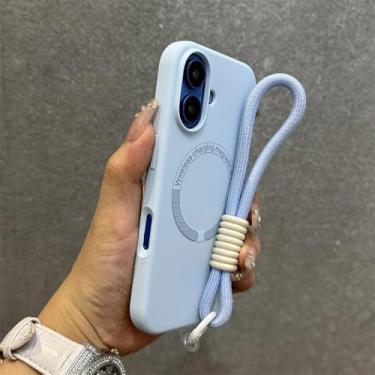 Imagem de Capa de silicone líquido com cordão para iPhone 16, 15, 14, 13, 12, 11 Pro Max 16 Plus, com forro de microfibra e pulseira sem fio, azul-celeste, para iPhone 12 Pro Max