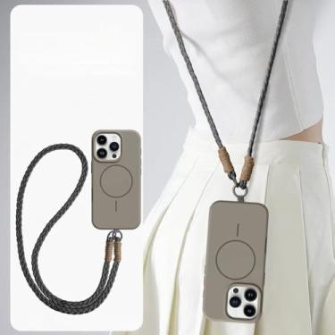 Imagem de Capa protetora de silicone líquido magnética com alça longa transversal para iPhone 15, 14, 16 Plus, 11, 12, 13, 16 Pro Max, cinza, para iPhone 16 Pro Max