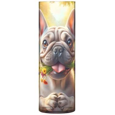Imagem de Buldogue fofo animal floral decorativo vasos de flores cilíndricos grandes personalizados vasos de outono decoração de quarto de plástico estética, 30 cm x 9,9 cm