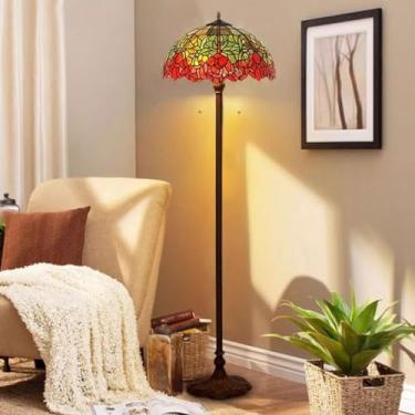 Imagem de Luminária de chão estilo Tiffany com vitrais de rosas, tulipas, glicínias, lírios e uvas, com cúpula feita à mão, ideal para decoração de ambientes [2 lâmpadas][40,6 cm L x 165 cm A], Rosa