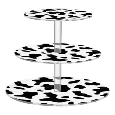 Imagem de Conjunto de 3 camadas de estampa de vaca preta e branca, suporte de cupcake para exibição de chá e festa de cupcake, bandejas de servir personalizadas para festas, sobremesas, decoração de mesa de
