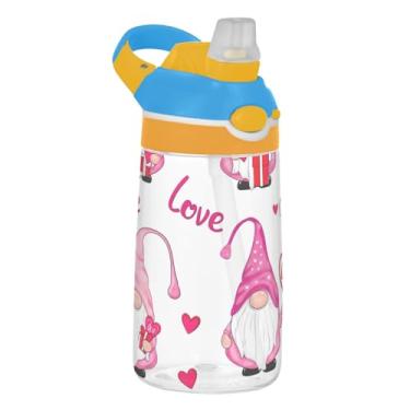 Imagem de Gnomos de desenho animado rosa fofo garrafa de água branca para crianças com canudo 473 ml 473 ml garrafa de água esportiva Tritan copo infantil portátil à prova de vazamento, reutilizável, alça de