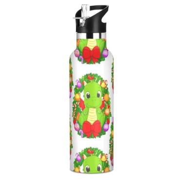 Imagem de Joisal Garrafas de água isoladas de aço inoxidável de 590 ml com tampa de canudo para bebidas frias ou quentes, copos de viagem fofos de dragão verde de Natal sem BPA à prova de vazamento para
