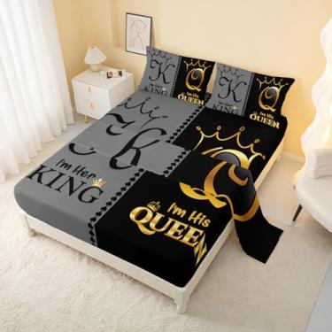 Imagem de AILONEN Jogo de lençol King cinza e preto, estampa K e Q, coroa, para decoração de quarto, 4 peças, lençol com elástico/lençol de cima com 2 fronhas