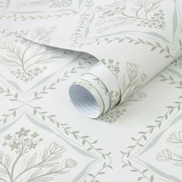 Imagem de Kitico Descole e cole papel de parede boêmio retrô verde claro e bege papel de contato flor papel de parede removível à prova d'água armários de banheiro/quarto vinil autoadesivo 199.9 cm x 43.9 cm