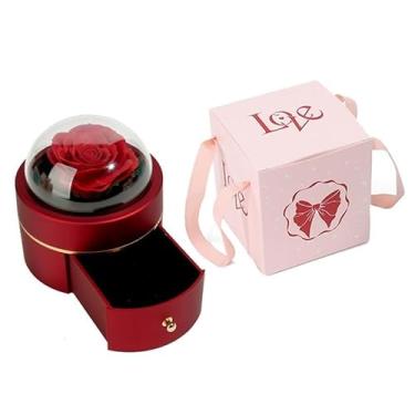 Imagem de Caixa de joias vazia com rosa eterna para colares, anéis, baús para ela/mulheres no dia das mães, aniversário, dia dos namorados, Natal, presentes românticos de aniversário (vermelho)