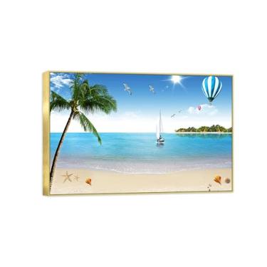 Imagem de Impressão em tela de paisagem de arte de parede com moldura dourada - Pintura decorativa de barco de árvore do mar - Imagens para quarto 40 x 60 cm 16 x 24 pol