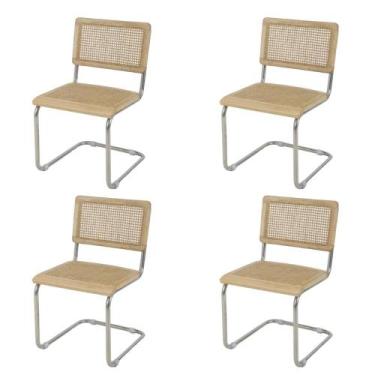 Imagem de Kit 4 Cadeiras de Jantar Cesca com Base Inox Assento Encosto em Palha 