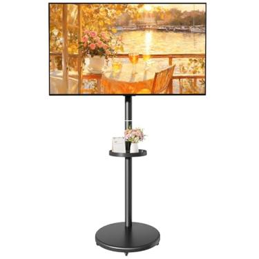 Imagem de ECOTINY Suporte de TV com rolamento ajustável em altura para TV de 13-43 polegadas até 15 kg, retrato para paisagem, carrinho de TV móvel com caixa de armazenamento ajustável e prateleira VESA máx