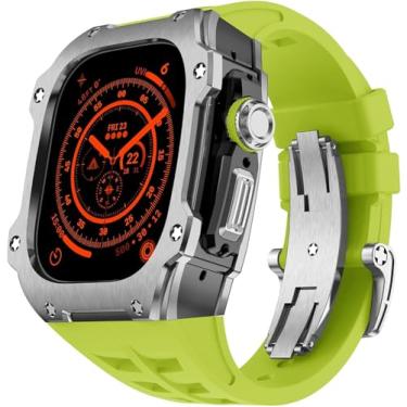 Imagem de EKSIL Caixa de relógio com bisel de aço inoxidável, pulseira de borracha com flúor, para Apple Watch Series Ultra 2 de 49 mm, capa de relógio de metal, pulseira com fecho de borboleta, kit de