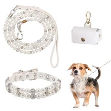 Imagem de FREEBLOSS Coleira de casamento para cães com coleira e bolsa de anel, colar de pérolas para cães, coleira com contas, roupa de casamento para festa