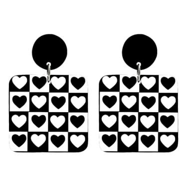 Imagem de RofYof Brincos de xadrez retangulares de resina para mulheres, retrô, acrílico, preto, branco, listrado, geométrico, anos 70, 80, joia, Small, Acrílico, Sem pedra preciosa