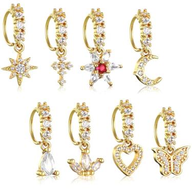 Imagem de Gsbnjuy 8 peças de argolas de nariz pendentes para mulheres piercing de nariz de septo joia cartilagem brinco folha estrela borboleta daith tragus helix indiano piercing labial, ouro