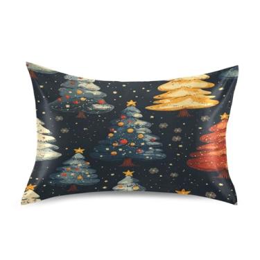 Imagem de Blueangle Fronha de cetim com desenho animado de árvores de Natal para cabelo e pele, fronha de seda, tamanho Queen (51 x 76 cm) - Capas de almofada de cetim com fecho de envelope (492)