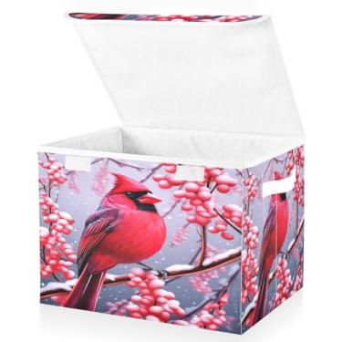 Imagem de Blueangle Cestos de armazenamento cardinal de Natal e inverno com tampas, 42 x 32 x 30 cm, grande cesta organizadora dobrável para decoração de casa e escritório (57)