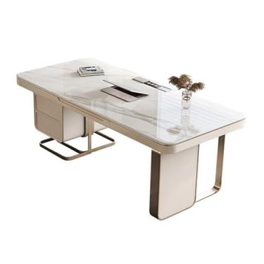 Imagem de Mesa de computador para escritório em casa, estação de trabalho com armazenamento, escritório doméstico moderno com topo de laje de pedra, estação de carregamento (GG)