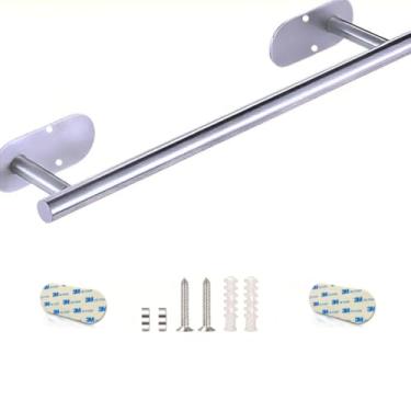 Imagem de Suporte Toalha Banho Aço Inox Prata Escovado Banheiro Lavabo Luxo Adesivo 3M Parafusos Barra 55cm