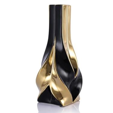 Imagem de oliruim Vaso decorativo de cerâmica preto e dourado de 26 cm, vaso de decoração moderna e elegante para sala de estar, mesa central, mesa, escritório para grama dos pampas (preto dourado)
