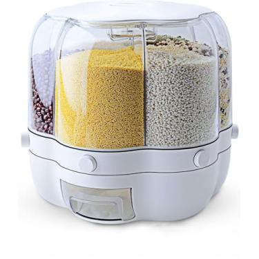 Imagem de Dispenser de Grãos Recipiente Armazenamento Rotativo 11 Qt com 6 Compartimentos Alimentos Secos Copo Medidor para Pequenos Feijões Arroz na Cozinha