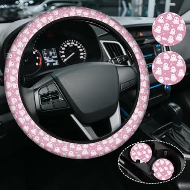 Imagem de Capa de volante rosa fofo fantasma, capa de volante de neoprene antiderrapante, acessórios de carro para mulheres femininas, ajuste universal de 38 cm para automóvel, SUVS, inclui 2 porta-copos de
