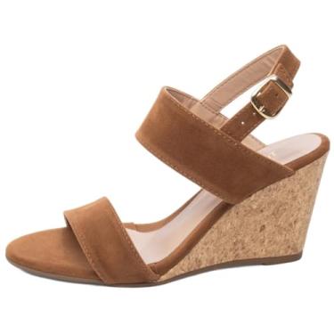 Imagem de Sandália Anabela Feminina Plataforma Salto Alto Cunha 7 cm com Fivela Dourada (Caramelo, BR, Adulto, Numérico, 39)