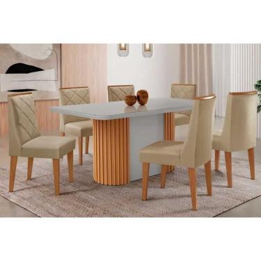Imagem de Conjunto: Mesa Sala Jantar Pilar Curvo 180cm + 6 Cadeiras Pietá Madeira Naturale/Off White - Capuccino/Linho Bege - Rufato
