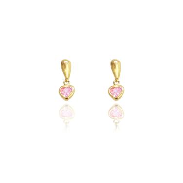 Imagem de Brinco Infantil Coração em Zirconia Rosa e Ouro 18K Coleção Baby