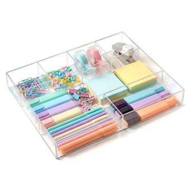 Imagem de Briwooody Organizador de gaveta de mesa de acrílico transparente 35 x 20 x 5 cm para canetas, artigos de papelaria, mesa, escritório, banheiro, cozinha, suprimentos de maquiagem (7 compartimentos)