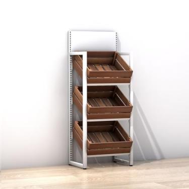 Imagem de Prateleiras comerciais de vegetais para supermercados, rack de exibição de frutas e vegetais de 3 a 4 níveis, prateleira de lanche de grande capacidade com cestas de madeira, ideal para cozinha e