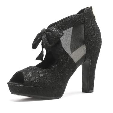 Imagem de GATUXUS Sandálias femininas de salto alto plataforma com bico aberto e tiras, Renda preta, 38