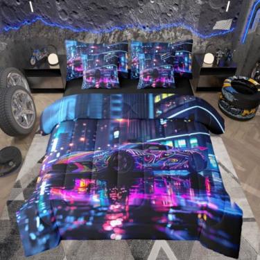 Imagem de Castle Fairy Jogo de cama casal com 7 peças, carro de corrida de velocidade, para crianças, meninos, meninas, esportes radicais, poliéster, edredom neon macio