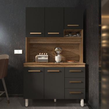 Imagem de Cozinha Compacta Vivian 120cm 5 Portas 3 Gavetas Armário Aéreo e Balcão Savana Preto